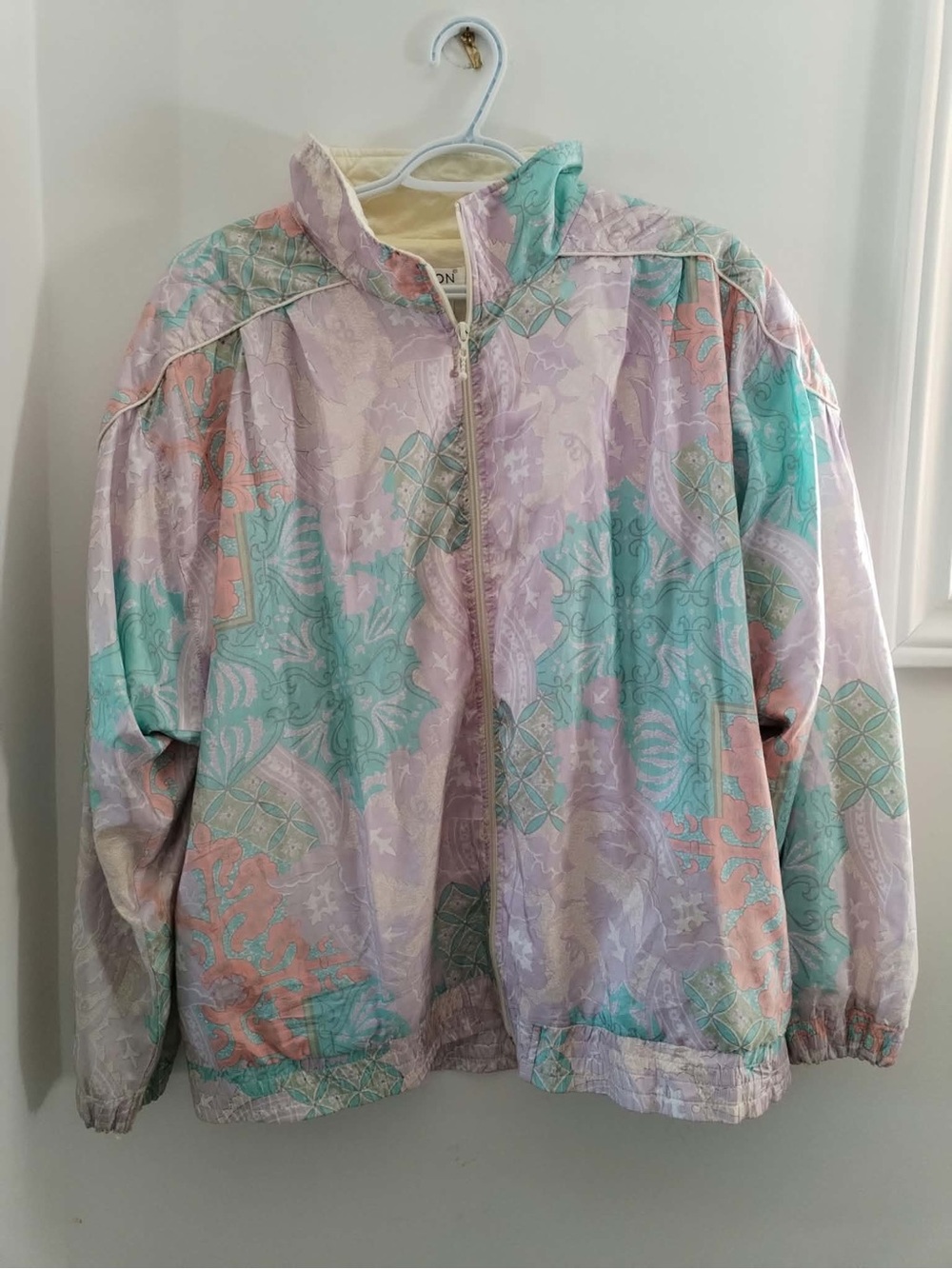 Vintage Pastel Patterned Nylon Windbreaker Jacket - Mint & Lavender Size XL
